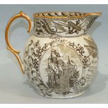 A pearlware printed jug, Nelson & Victory, 14cm high, (rim chips).