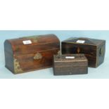 A Victorian walnut and brass-mounted box with hinged domed lid, 24cm wide, 16cm high and two other