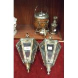 A pair of brass and glass hexagonal hanging light fittings, 30cm high, a brass spirit kettle, an oak