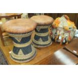 A pair of leather-seated raffia Middle Eastern stools and other items.