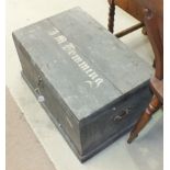 A rectangular hardwood tool chest with name 'J M Hemming', 70cm wide.