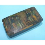 A Victorian papier-mâché snuff box, the lid decorated with gentleman at their shooting club, 8.5cm