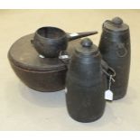 Two Eastern turned wood food bowls with metal carrying handles, 77cm diameter and 49cm diameter