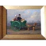 H. G. 19th century Continental School A DOG HARNESSED TO A MILK CART CARRYING TWO FIGURES AND CHURNS