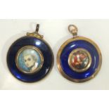 A blue glass and gilt metal circular locket inset a miniature portrait and another, similar, (2).