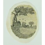 A small oval needlework picture of a rural scene with a church and house in the distance, worked