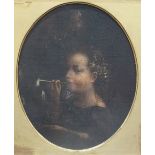 19th Century STUDY OF A YOUNG GIRL BLOWING BUBBLES FROM AN UPTURNED CLAY PIPE Unsigned oil on canvas