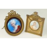 A late-19th century French enamelled copper miniature of an 18th century lady wearing a wig and