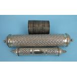 A Persian white metal cylindrical embossed scroll holder with finial cap and lid stamped '900', 26cm
