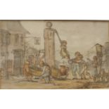 Style of Rowlandson CHILDREN AND FIGURE AROUND THE VILLAGE WATER PUMP Watercolour sketch, 10.5 x