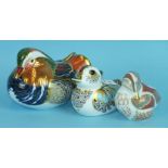 A collection of three Crown Derby animal paperweights, 'Duckling' (gold), 'Teal Duckling' (gold) and