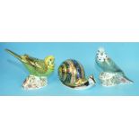 A collection of three Crown Derby Limited Edition animal paperweights, 'Garden Snail', 'Sky Blue