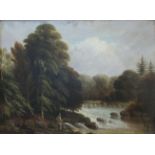 19th Century English School A FIGURE FISHING FOR SALMON WITH WOODLAND BEHIND Unsigned oil on