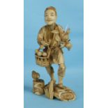 A Japanese sectional ivory figure of a fruit gatherer, a chicken at foot, signed, head re-glued,