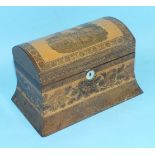 A Victorian Tunbridgeware sewing box of sarcophagus shape, the domed lid decorated with deer