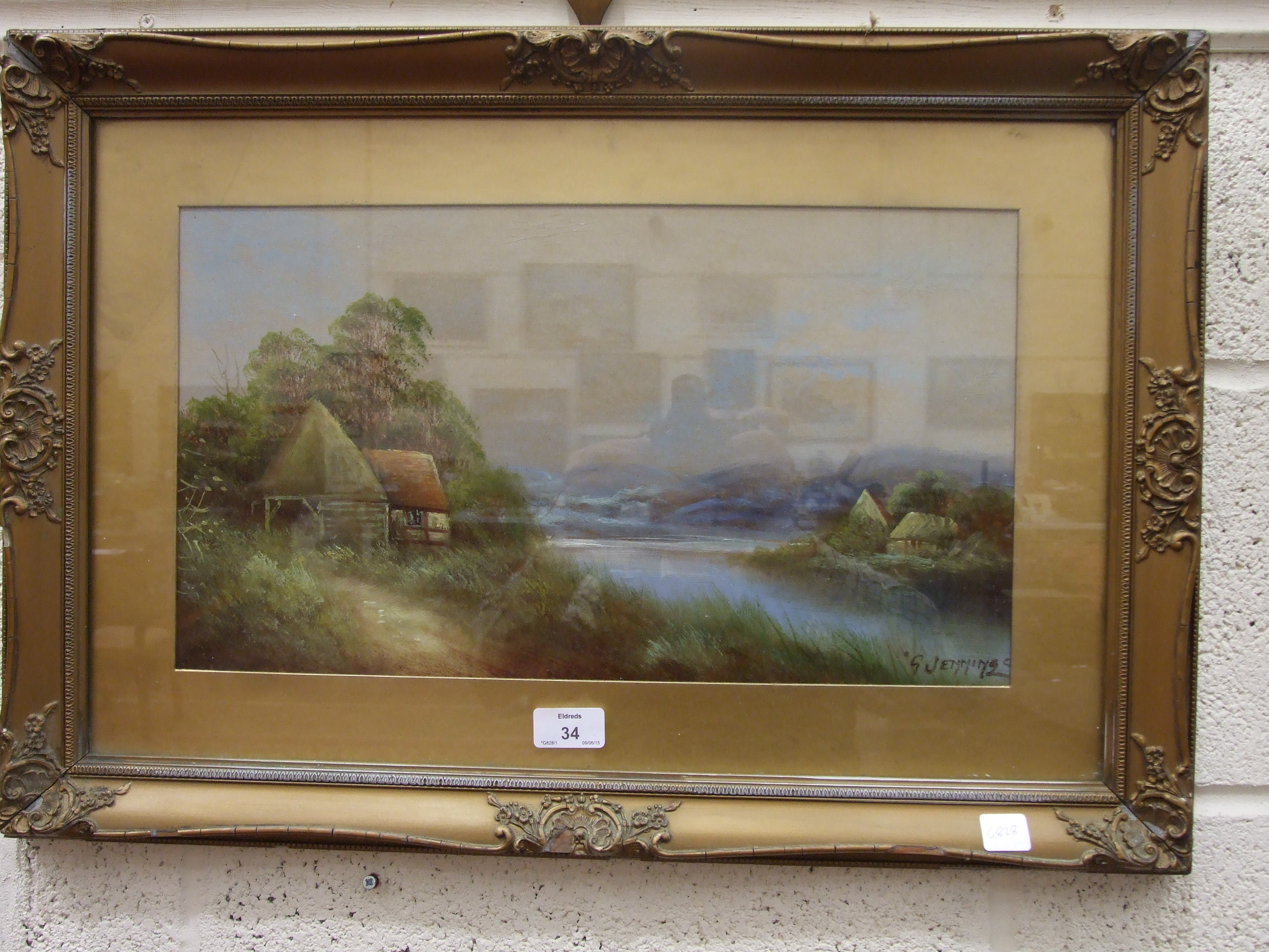 G Jennings "Figure, buildings and woodland beside stream" signed oil painting 26cm x 46cm and