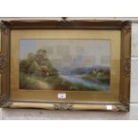 G Jennings "Figure, buildings and woodland beside stream" signed oil painting 26cm x 46cm and