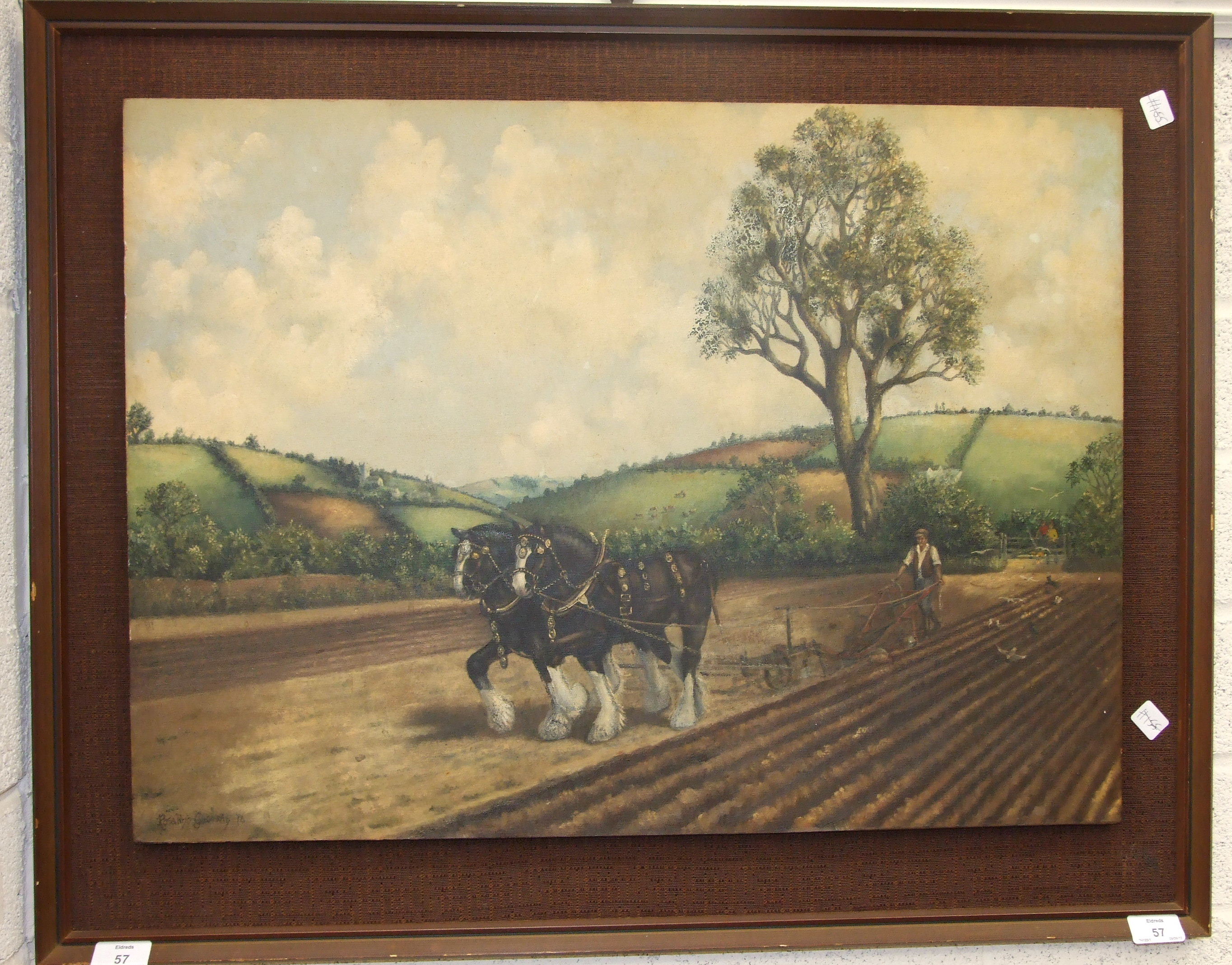 Rosa Ryo Guganly? 'Two shire horses and farmer ploughing a field', indistinctly signed oil painting,