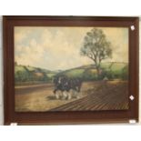 Rosa Ryo Guganly? 'Two shire horses and farmer ploughing a field', indistinctly signed oil painting,
