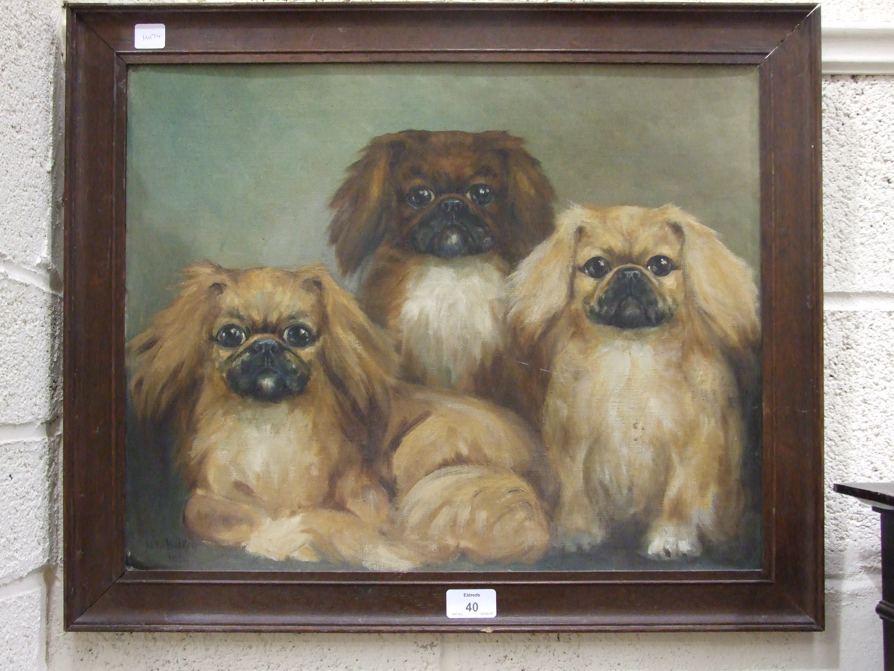 Hilde Walker "Study of three pedigree Pekingese dogs, Wu Fee, WeeBoy, Wee Sing" inscribed verso with