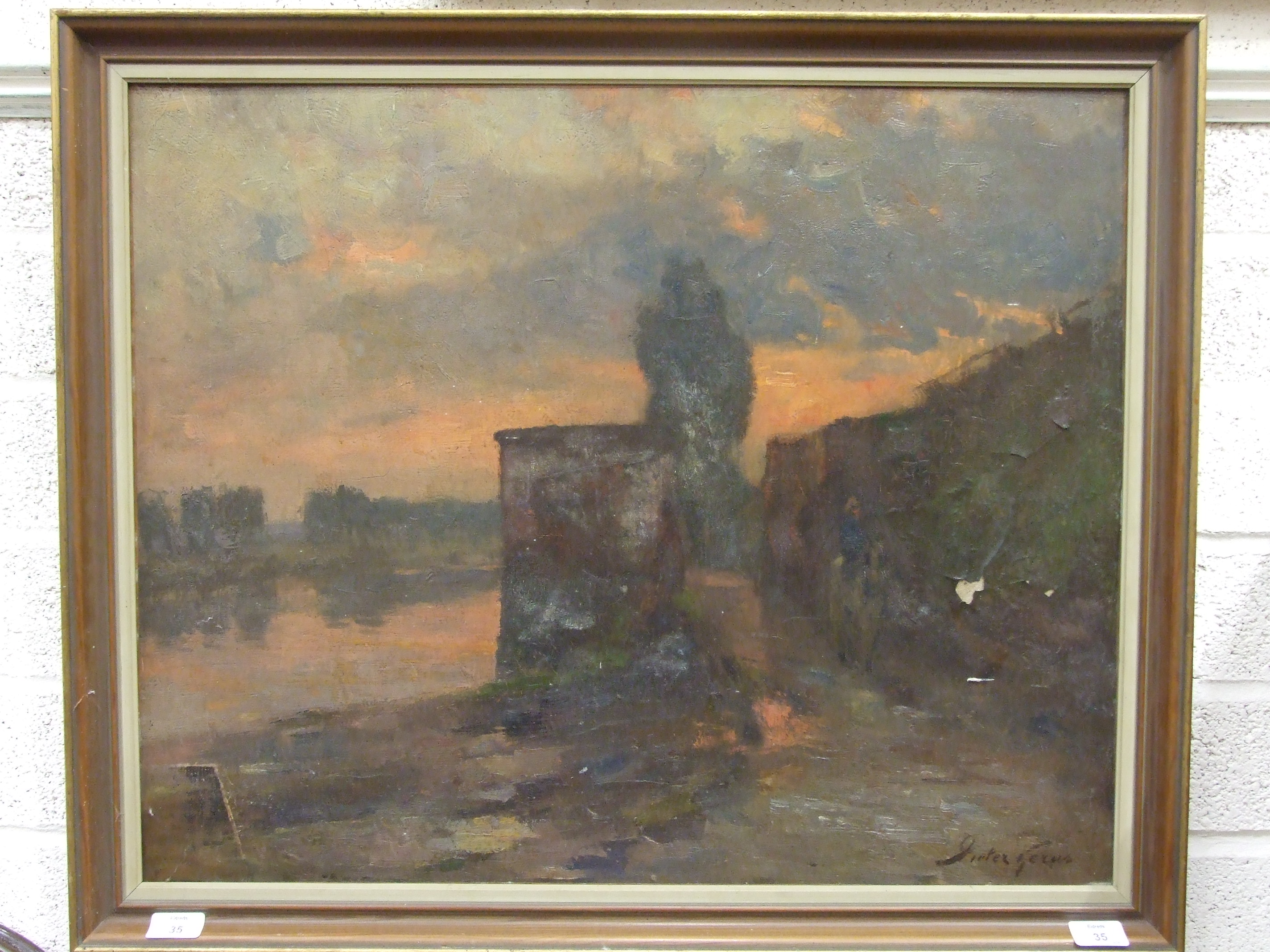 Dieter Gornes? "Continental riverside village" signed oil on canvas 56cm x 74cm (damaged).