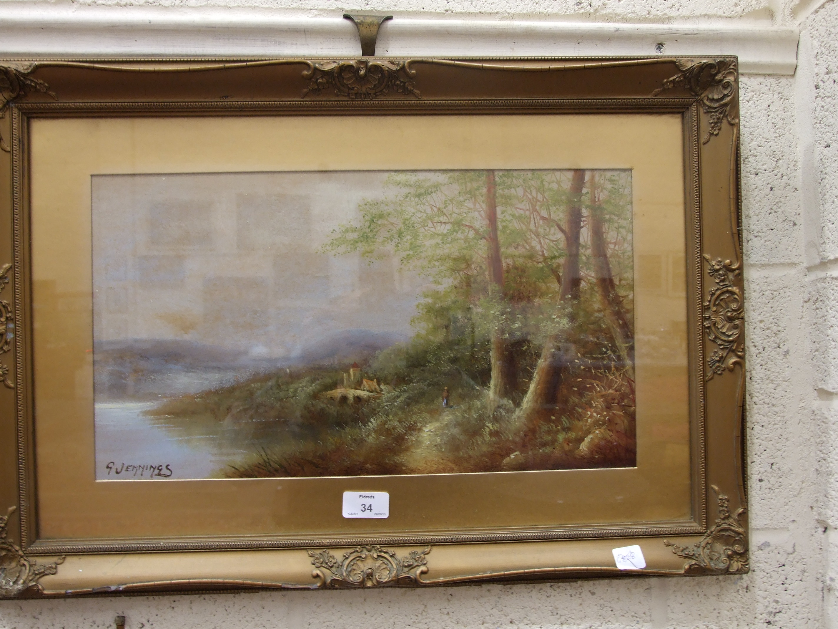 G Jennings "Figure, buildings and woodland beside stream" signed oil painting 26cm x 46cm and - Image 2 of 2