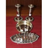 A pair of plated telescopic candlesticks, 23cm high extended and other plated ware.