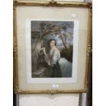 A Baxter print, 'The lovers letterbox', in period frame, 43 x 34cm, another of a young woman holding