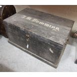 A rectangular hardwood tool chest with name 'J M Hemming', 70cm wide.