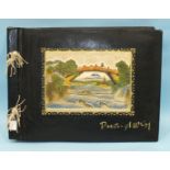 Three leather-covered albums with painted Japanese scenes, a framed set of Daily Telegraph Rugby