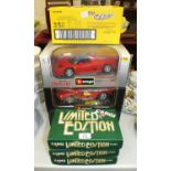 Nine Burago diecast metal car models, boxed, three Corgi limited edition vehicles and others.