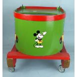 A hand-made baby walker of wood construction, with painted Noddy and Mickey Mouse decoration and a