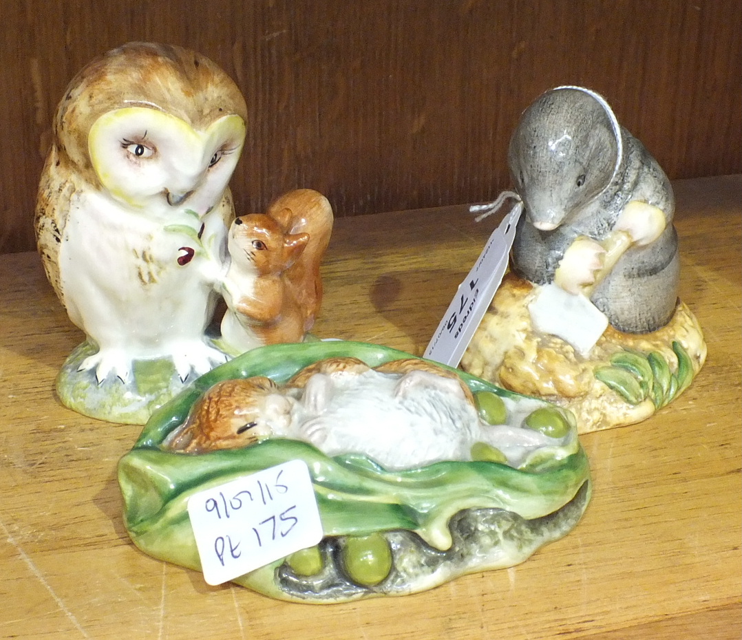 Three Beswick Beatrix Potter figures, 'Diggory Diggory Delvet' BP-3b, 7cm, 'Old Mr Brown' BP-3a, 8.