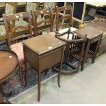 A mid-20th century mahogany work table, the hinged top and fitted cantilever tray on square shaped