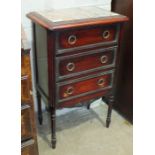 A continental stained wood marble-top bedside three-drawer chest on turned legs, 50cm wide, 82cm
