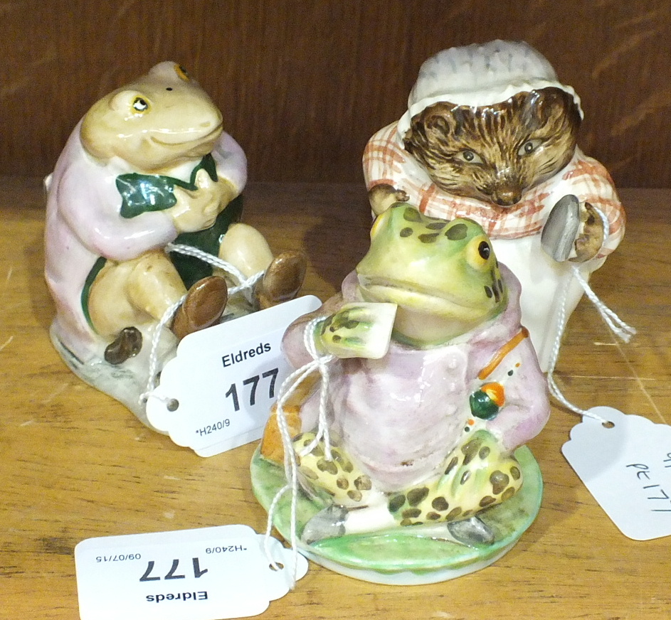 Three Beswick Beatrix Potter figures, 'Mrs Tiggy Winkle' BP-3b, 8.3cm, 'Mr Jackson' BP-3c, 7cm