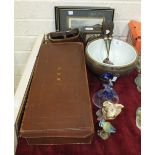 An oak salad bowl with ceramic basin and plated mount, a pair of salad servers, a Metamec battery