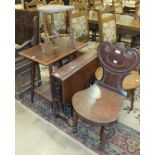 An Edwardian mahogany Sutherland table on turned supports, 74 x 60cm open, an inlaid mahogany