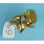 An unmarked gold signet ring (af), 3.7g and two 9ct gold rings, 3.7g, (3).