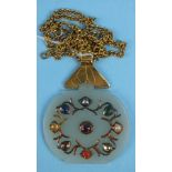 A white jade pendant set diamond, sapphire, pearl, coral and emerald stones, on unmarked yellow