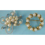 A Mikimoto cultured pearl wreath brooch set ten cultured pearls on 14k gold mount, stamped "M", 3.