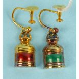 A pair of 9ct gold port and starboard lantern earrings by J W Benson, 4.5g, with screw fittings,