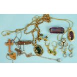 A moonstone trefoil brooch, various earrings, a 9ct gold padlock locket and other items.