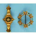 A small 9ct gold brooch set diamond, 2.6g and a 15ct gold wreath brooch set cultured pearls and