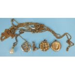A 9ct gold Aquarius pendant, another gold pendant, two gold lockets, and various chains, some af,