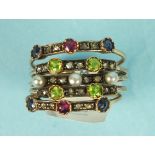 A gem set five-hoop ring set rubies, sapphires, peridots and pearls with rose cut diamonds