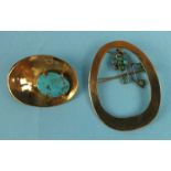 Two unmarked yellow metal brooches set turquoise, total weight 13g.