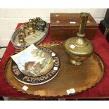 An oval beaten-copper tray stamped 'J Picard & Co.', 57 x 39.5cm, a brass vase, other metal ware,