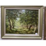 •J M Wells Price, 'Children walking through an ancient woodland', signed oil on canvas, 45 x 62cm