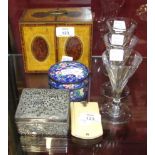 An ivory-covered note book and pencil, a silver 'Plymouth' thimble and miscellaneous items.